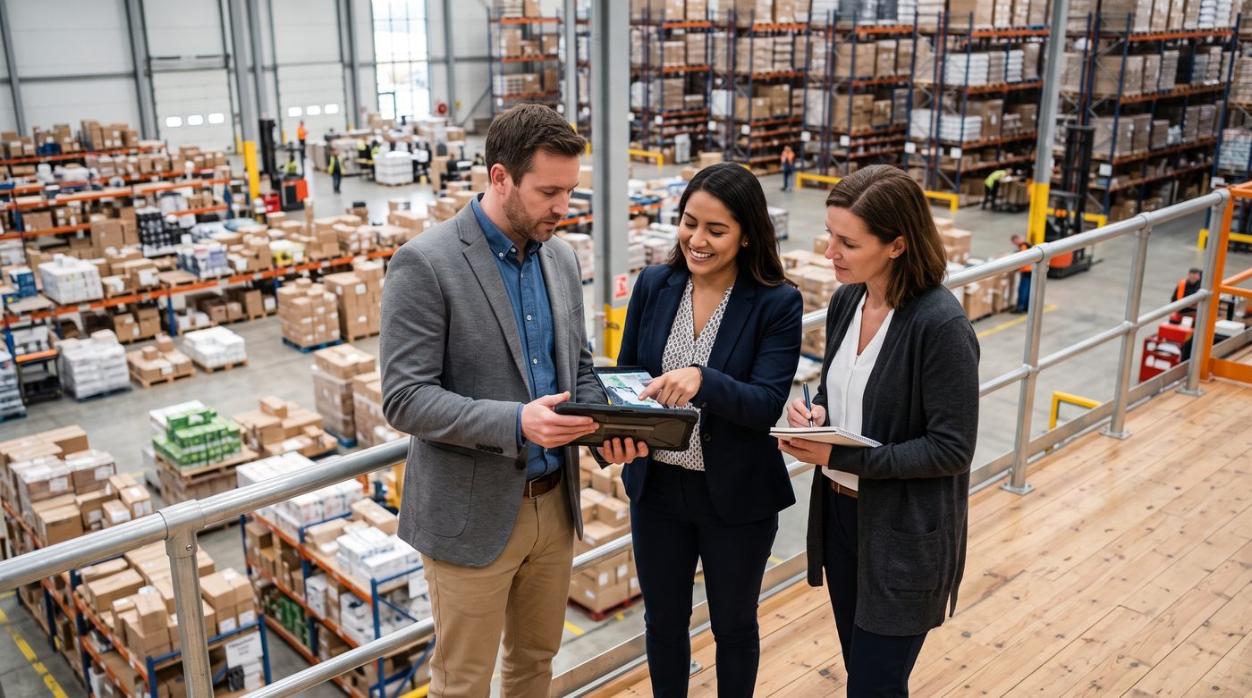 Colleagues reviewing plans on a tablet above a stocked warehouse floor.