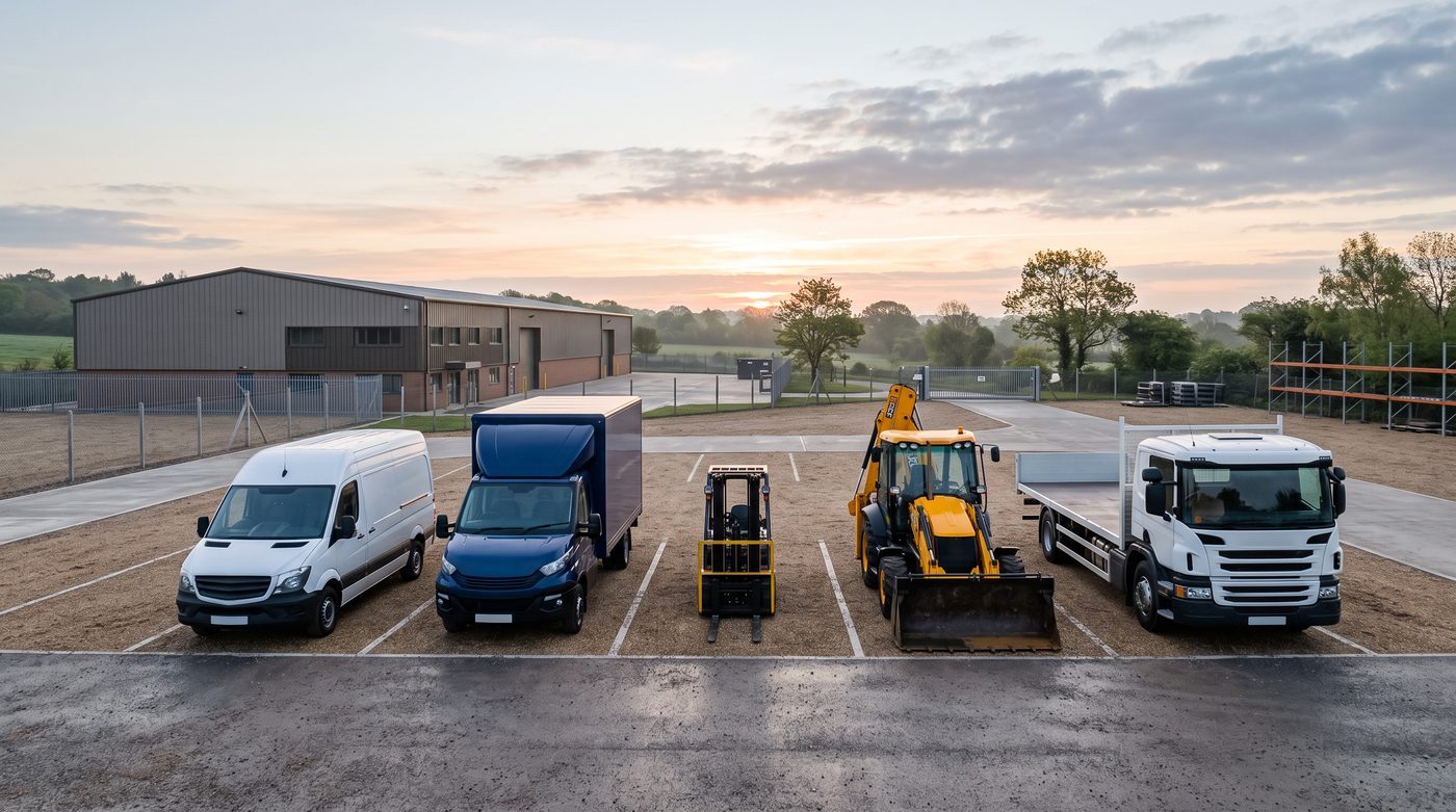 Lineup of delivery vehicles and machinery.