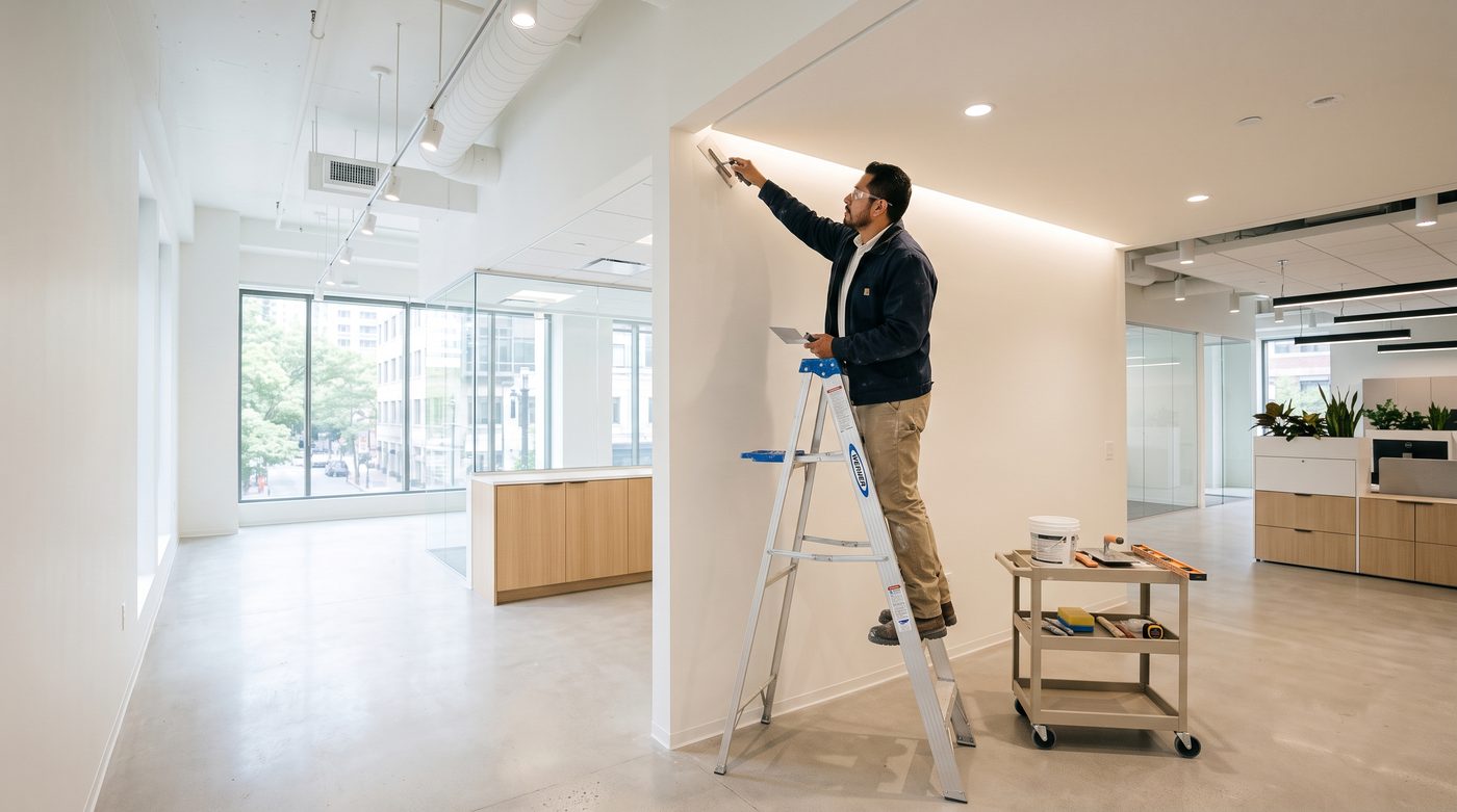 Interior remodel near completion — a worker finishing a clean modern space.