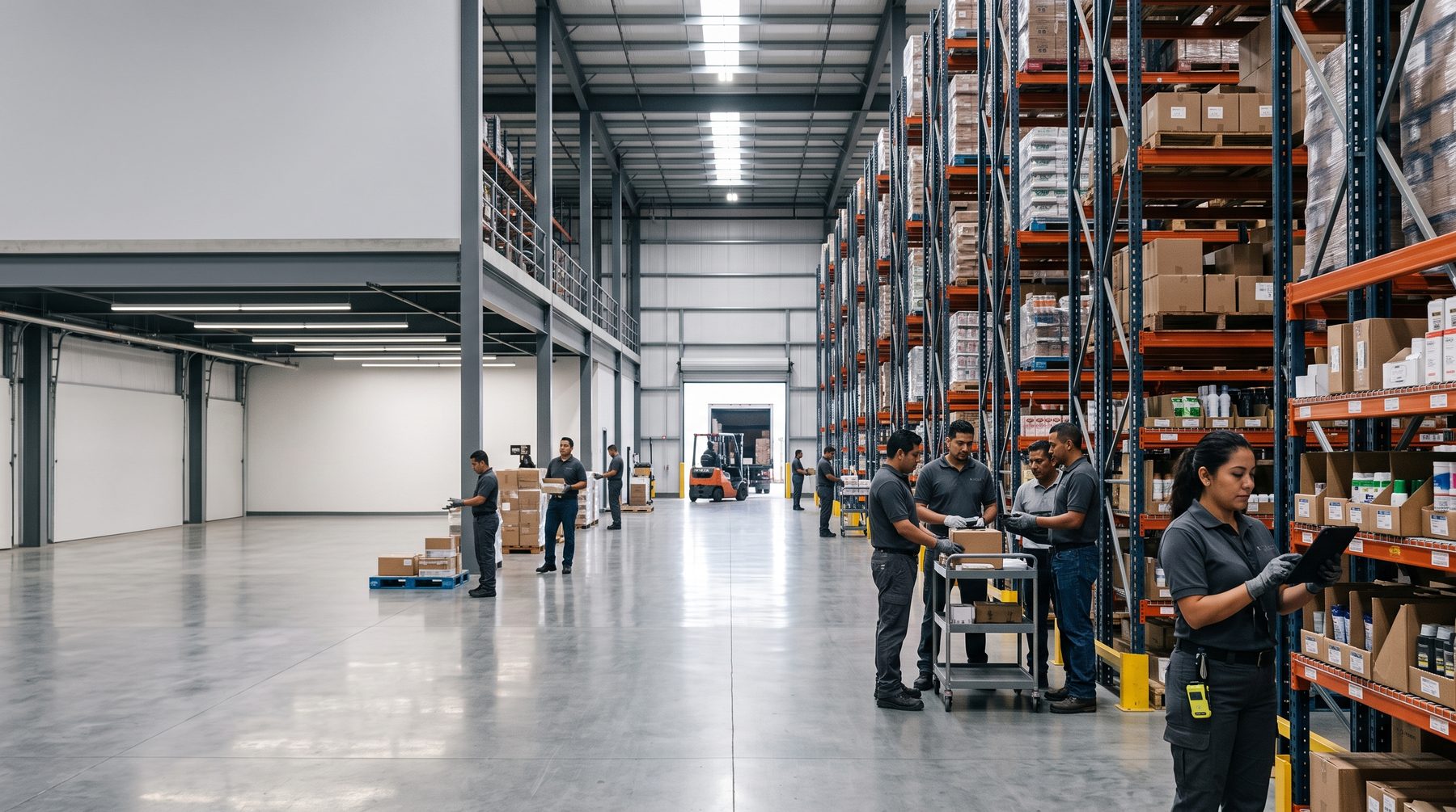 Organized modern distribution centre — stocked racking, a coordinated team and a truck at the loading dock.