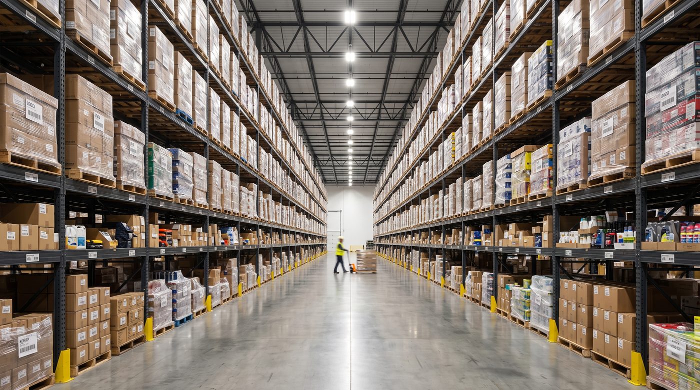 Stocked warehouse aisle.